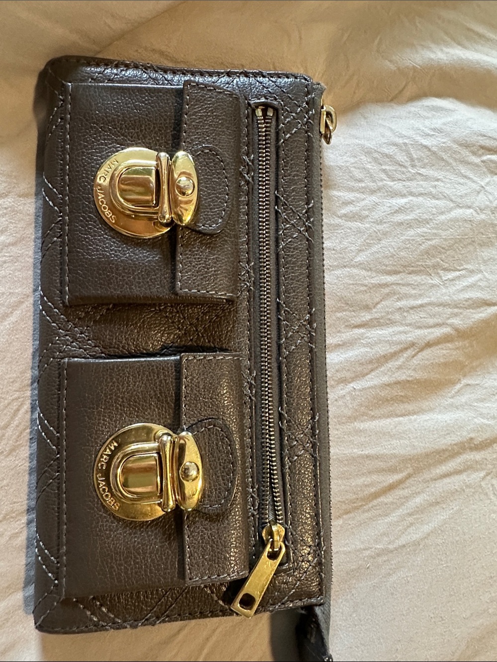 Marc Jacobs Gray Quilted Leather Wallet with Gold Turn-Lock Accents